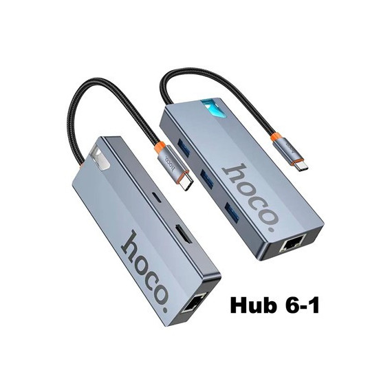 HOCO Adaptador 6 en 1 HB51 Tipo C/m a HDMI/3XUSB 3.0/PD/RJ45