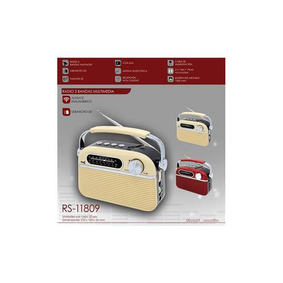 SAMI Radio Portatil Am/fm/sw RS-11809 Retro Bluetooth,micro Sd,usb,aux In Diseño Madera Rojo