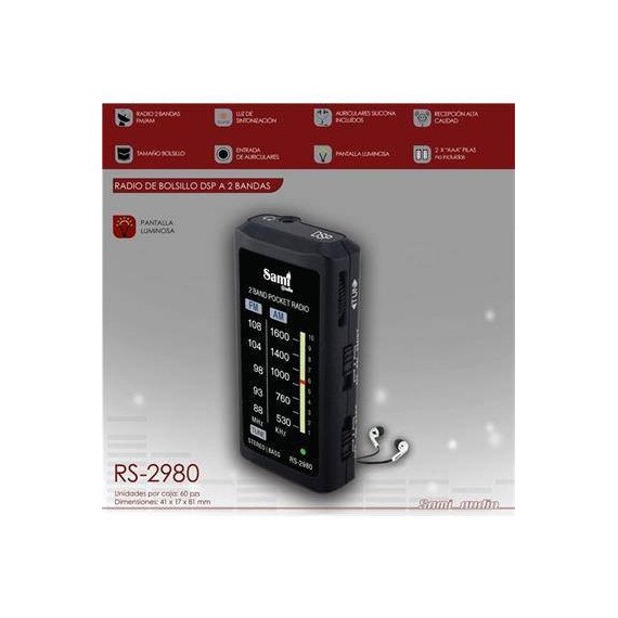 SAMI Radio Bolsillo Analogica Am/fm  RS-2980 con Auricular Negra