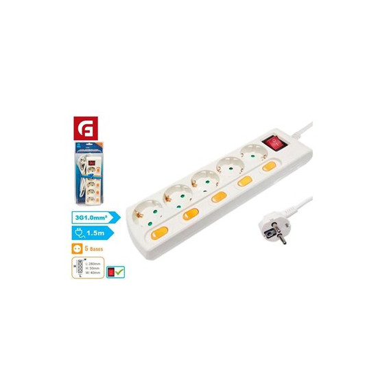 Extrastar Regleta de 5 Tomas Schuko con Interruptor 1.5MTRS KF-XB-05K6 Blanca  LALO