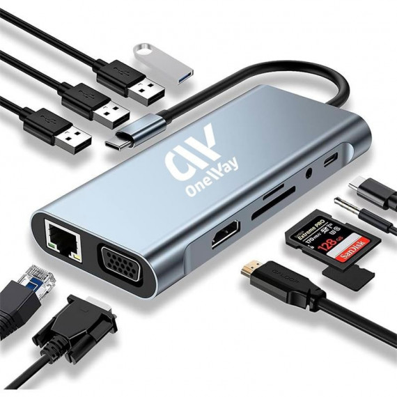 Dock Hub ONEWAY Usb-c 11 en 1 HDMI/VGA/RJ45/USB 3.0/USB-C Pd/microsd Silver