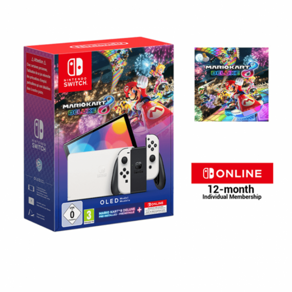 Consola NINTENDO Switch Oled Blanca + Mario Kart 8 Deluxe + 12 Meses Online P Consola NINTENDO Switch Oled Blanca + Mario Kart 8 Deluxe + 12 Meses Online P