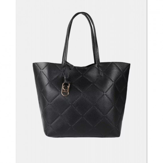 Bolso Shopper Efecto Piel Monograma Rombos Logo Ovalado Colgante Negro.  LOLA CASADEMUNT