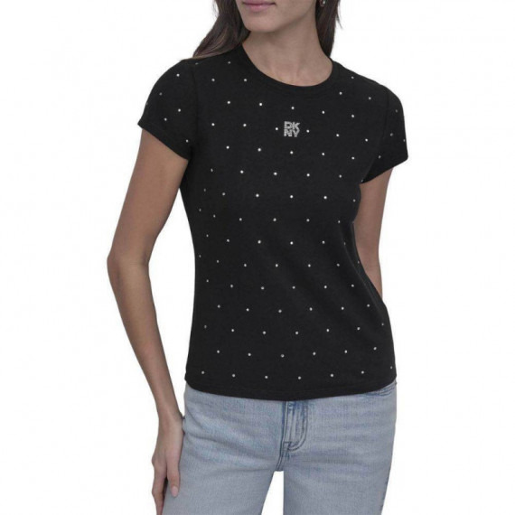 Rhinestones Crew Fitted Tee Black  DKNY