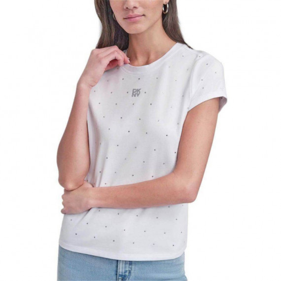 Rhinestones Crew Fitted Tee White  DKNY