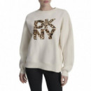 Flocking Logo Pullover Eggnog/ Black Whi  DKNY