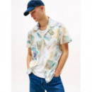 Tjm Aop Poplin Camp Shirt Ecru Aop Postc  TOMMY JEANS