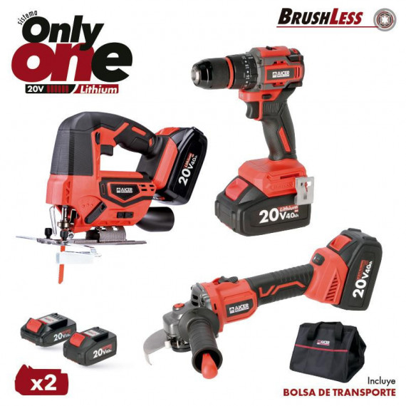 Pack Caladora+taladro+radial 20V Only One AICER (2X 2+4AH)