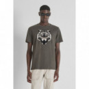 Camiseta Regular Fit en Jersey de Algodón con Estampado de Tigre Flocado de ANTONY MORATO