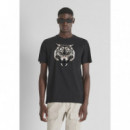 Camiseta Regular Fit en Jersey de Algodón con Estampado de Tigre Flocado de ANTONY MORATO