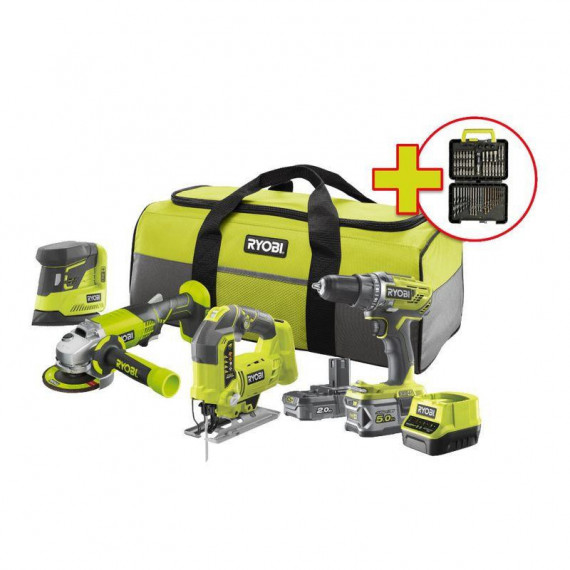 Kit Taladro-amoladora-sierra-lijadora One+ RYOBI (1X2.0AH+1X5.0AH+CARGADOR)