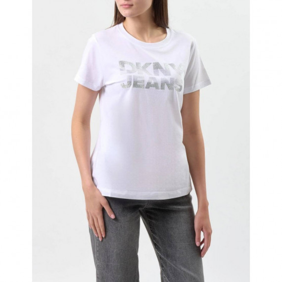 DKNY Glitter Rhinestone Logo Dna Tee Whi