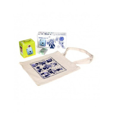 FUJIFILM Camara Foto Instantanea Instax Mini 12 Azul Pack Navidad Tote Bag, Pack 10 Hojas,correa
