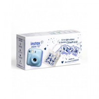 FUJIFILM Camara Foto Instantanea INSTAX Mini 12 Azul Pack Navidad Tote Bag, Pack 10 Hojas,Correa