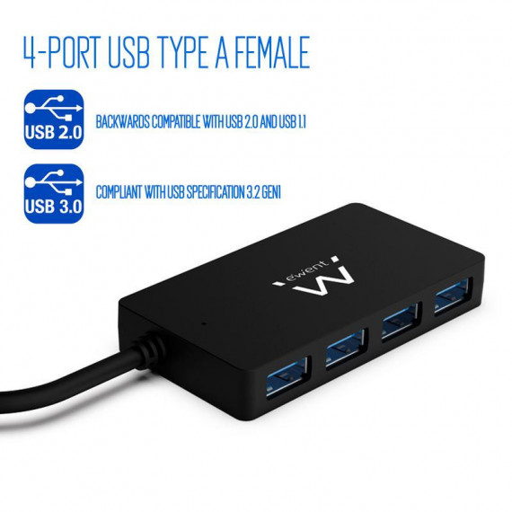Ewent Hub USB 3.2 Gen 1 de 4 Puertos con Cable de 15cm EW1136