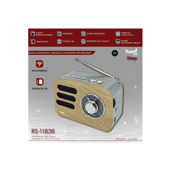SAMI Radio Vintage Mini Con Bluetooth/USB/Micro SD 5W RS-11838 Madera Recargable