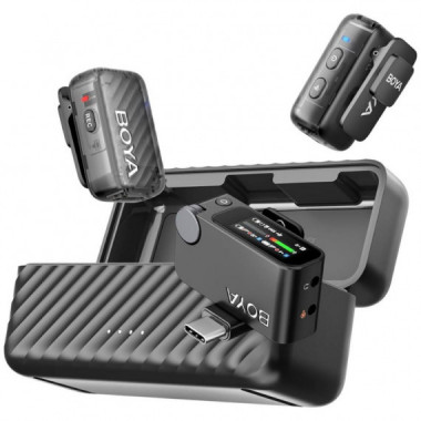 BOYA Mini 2-02 Kit Micr&oacute;fonos Solapa Inal&aacute;mbricos Con Receptor USB-C y Lightning