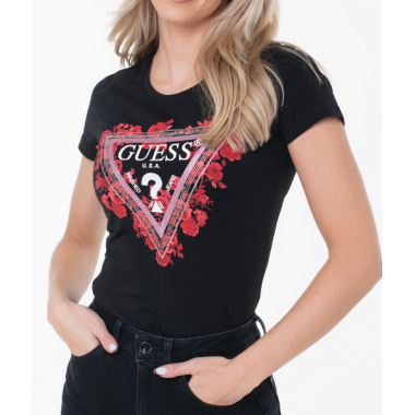 Camiseta Guess negra logotipo flores