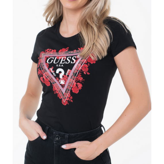 Camiseta Guess negra logotipo flores