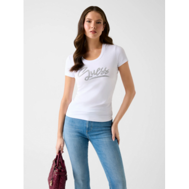 Camiseta Guess blanca aplique cristal en el logo
