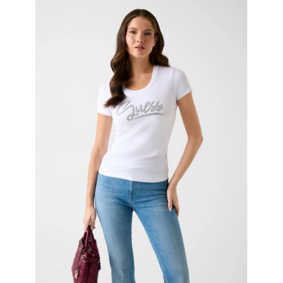 Camiseta Guess blanca aplique cristal en el logo