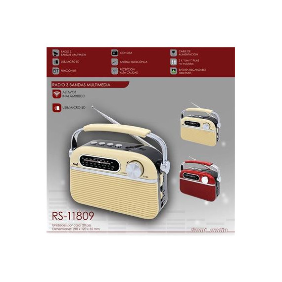 SAMI Radio Portatil Am/fm/sw RS-11809 Retro Bluetooth,micro Sd,usb,aux In Diseño Madera Beig