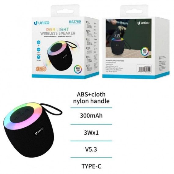 UNICO Altavoz BS2769 BLUETOOTH 5.3 3W Rgb Led Microsd Fm Tipo-c 300MAH Mini Negro