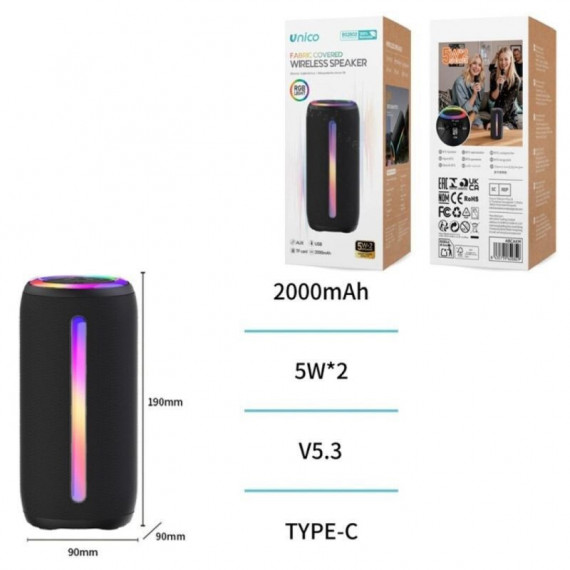 UNICO Altavoz BS2802 BLUETOOTH 5.3 10W Rgb Led Microsd Jack Tipo-c 2000MAH Negro