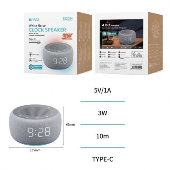 UNICO Altavoz BS2024 BLUETOOTH 5.3 3W Reloj Alarma Rgb Led Noise 1000 Mah Tipo-c Blanco Gris