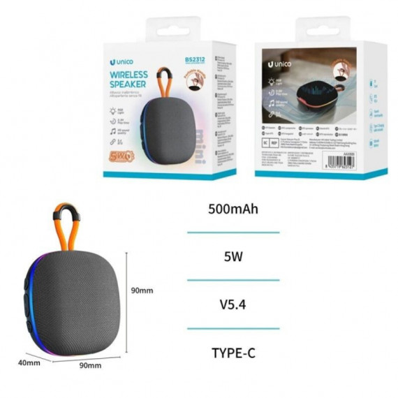 UNICO Altavoz BBS2312 BLUETOOTH 5.4 5W Rgb Led Mini Portable 9CM 500MAH Tipo-c Negro
