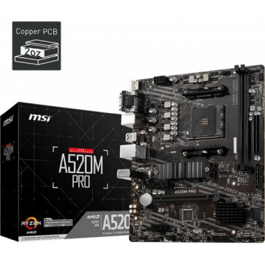 MSI Placa Base A520M Pro Socket AM4 A520,2DDR4,64GB,VGA+HDMI+DP,GBLAN,4SATA3+1XM.2,6USB3.2,MATX