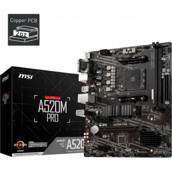 MSI Placa Base A520M Pro Socket AM4 A520,2DDR4,64GB,VGA+HDMI+DP,GBLAN,4SATA3+1XM.2,6USB3.2,MATX
