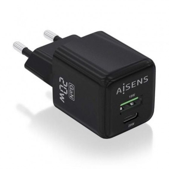 AISENS Cargador Pared Gan ASCH-20W2P011-BK/ 1XUSB Tipo-c/ 1XUSB/ 20W Negro