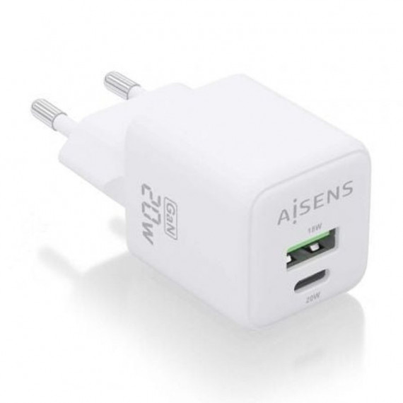 AISENS Cargador Pared Gan ASCH-20W2P010-W/ 1XUSB Tipo-c/ 1XUSB/ 20W Blanco