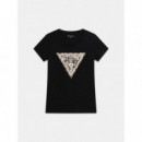 Camiseta con Logo de Triángulo de Strass y Estampado Animal de GUESS