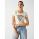 Camiseta con Logo de Triángulo de Strass y Estampado Animal de GUESS