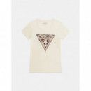Camiseta con Logo de Triángulo de Strass y Estampado Animal de GUESS