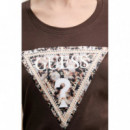 Camiseta con Logo de Triángulo de Strass y Estampado Animal de GUESS
