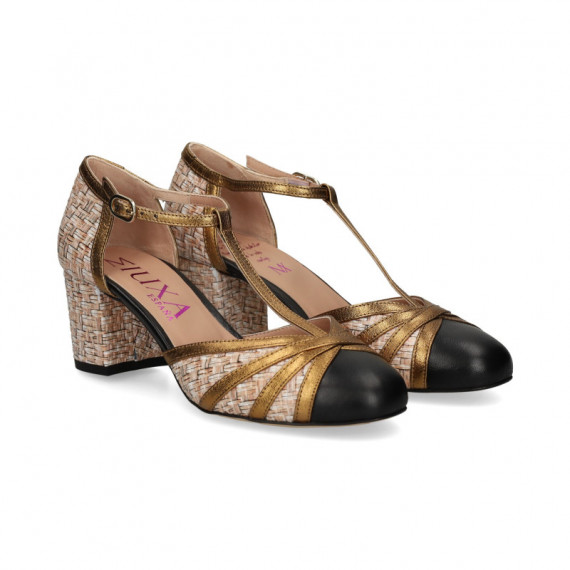 Abierto Lados Punta Negro Rafia Beige  MIUXA