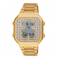 Reloj Digital Con Brazalete De Acero Ipg Dorado Y Zirconitas D-Bear
