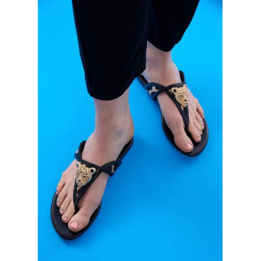 FLAT ANIMAL PRINT SANDALS WITH METALLIC