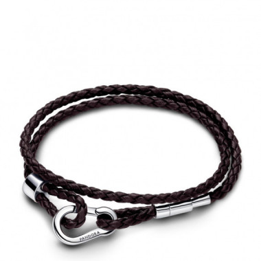 Pandora Pulsera en Cuero Trenzado Doble Marr&oacute;n 593338C01