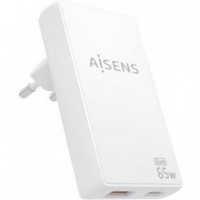AISENS Cargador Pared Gan ASCH-65W2P076-W/ 1XUSB Tipo-c/ 1XUSB/ 65W/ Blanco