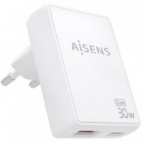 AISENS Cargador Pared Gan ASCH-30W2P074-W/ 1XUSB Tipo-c/ 1XUSB/ 30W/ Blanco