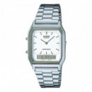 CASIO AQ-230A-7D Reloj Retro Doble Pantalla – Plateado con Esfera Blanca, Acero Inoxidable, Estilo Vintage, Wr