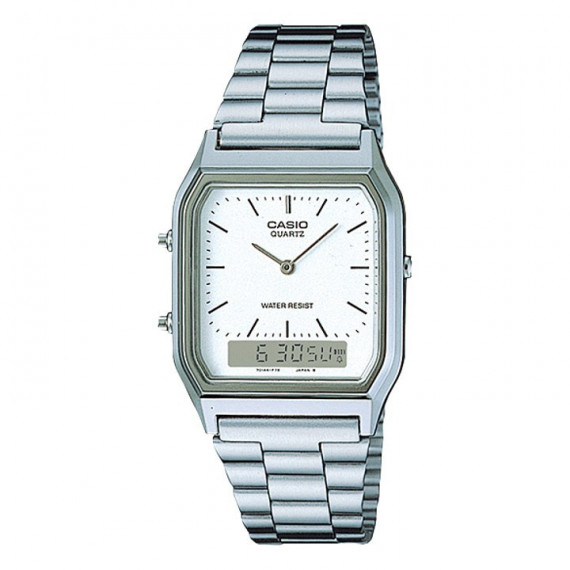 CASIO AQ-230A-7D Reloj Retro Doble Pantalla – Plateado con Esfera Blanca, Acero Inoxidable, Estilo Vintage, Wr