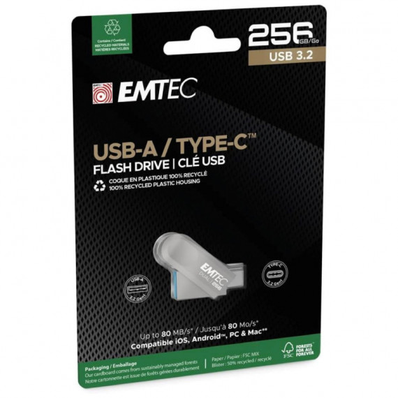 Pendrive USB Dual 3.2 256GB Usb-c y Usb-a EMTEC
