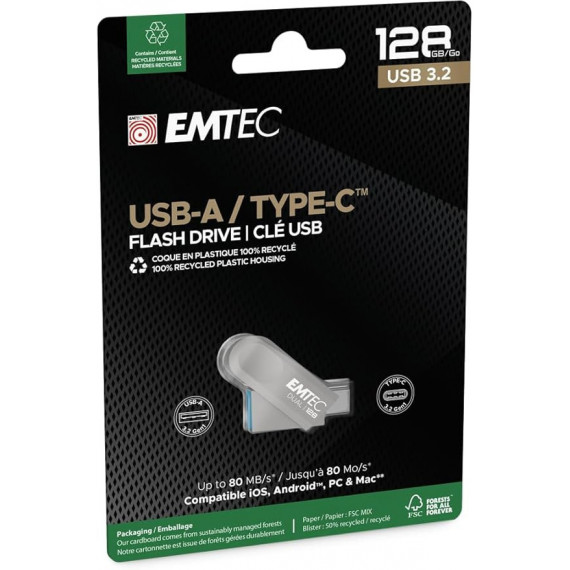 Pendrive USB Dual 3.2 128GB Usb-c y Usb-a EMTEC