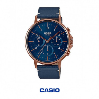 Reloj Casio MTP-E321RL-2AV Hombre Anal&oacute;gico Multifunci&oacute;n 50M Correa Piel Azul Caja Rose Gold