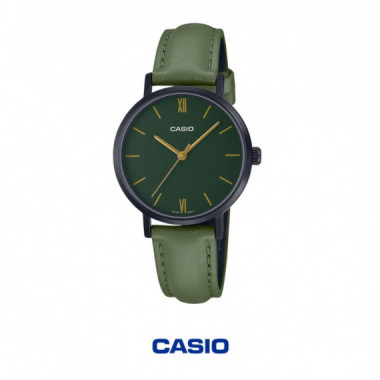 Reloj CASIO LTP-VT02BL-3A Mujer Anal&oacute;gico Verde Correa Piel Negra Wr Cristal Mineral